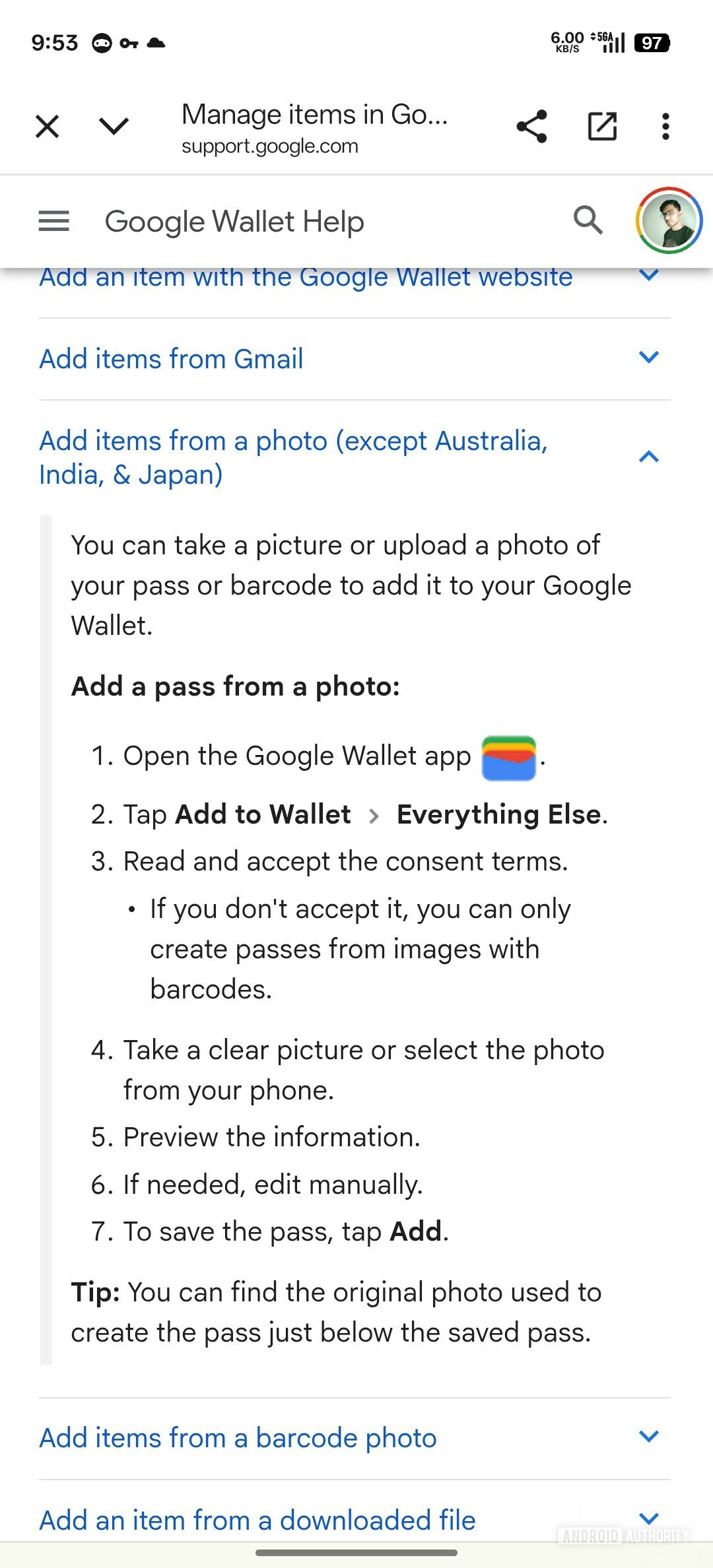 google wallet support page