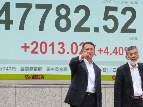 Japan’s Nikkei stock index jumps nearly 5% at a new record after ruling party picks Takaichi to lead