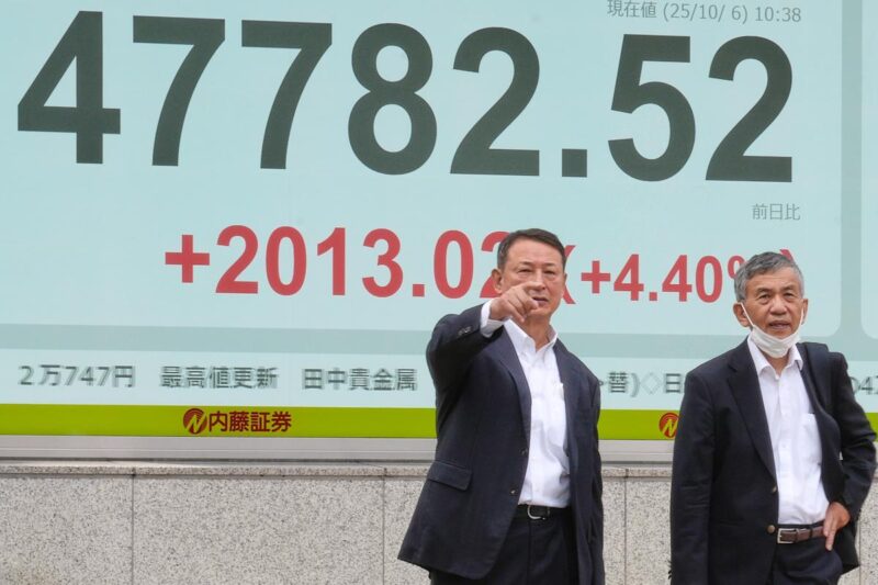 Japan’s Nikkei stock index jumps nearly 5% at a new record after ruling party picks Takaichi to lead