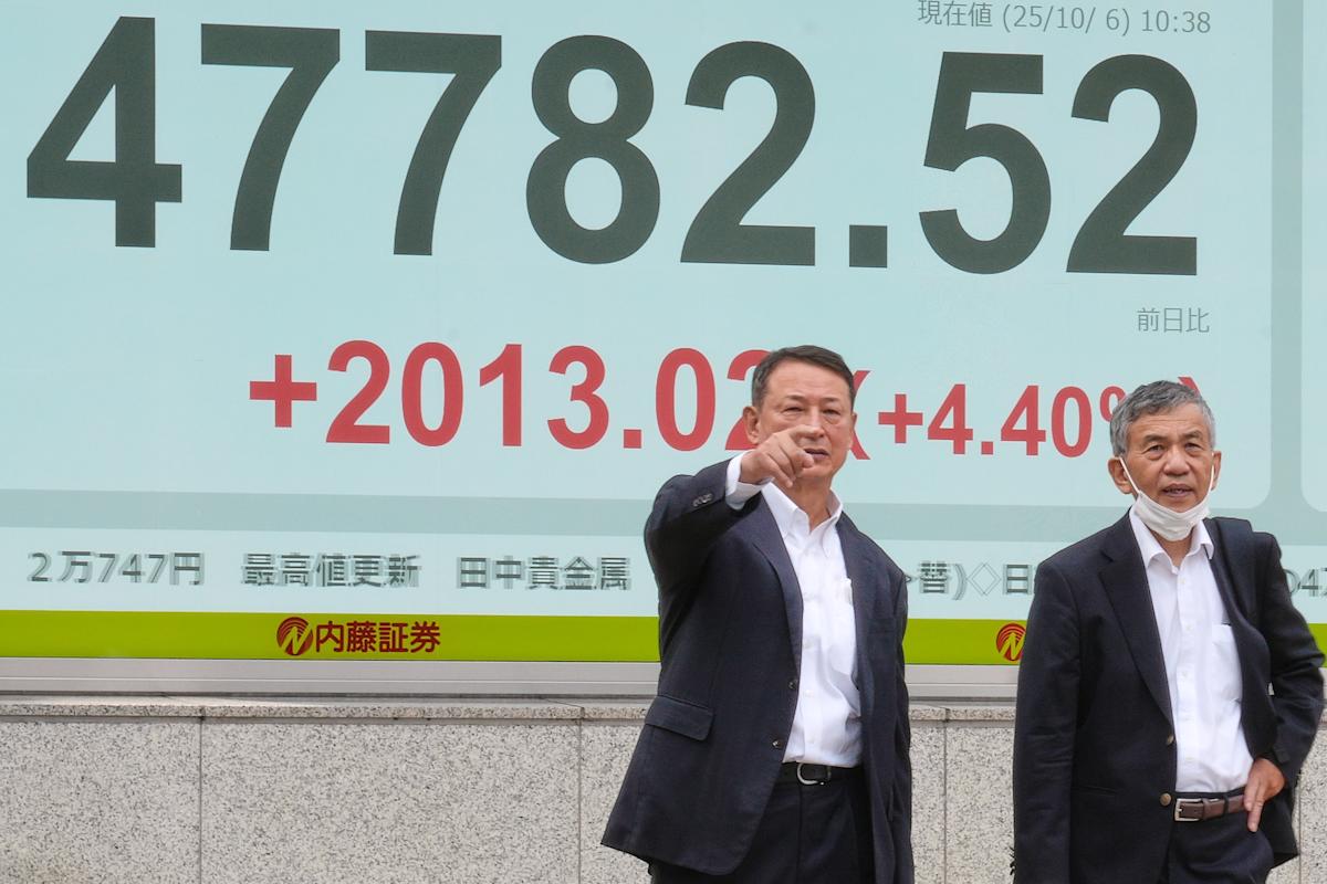 Japan's Nikkei stock index jumps nearly 5% at a new record after ruling party picks Takaichi to lead