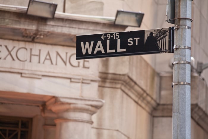 The Wall St. street sign in front of the New York Stock Exchange.